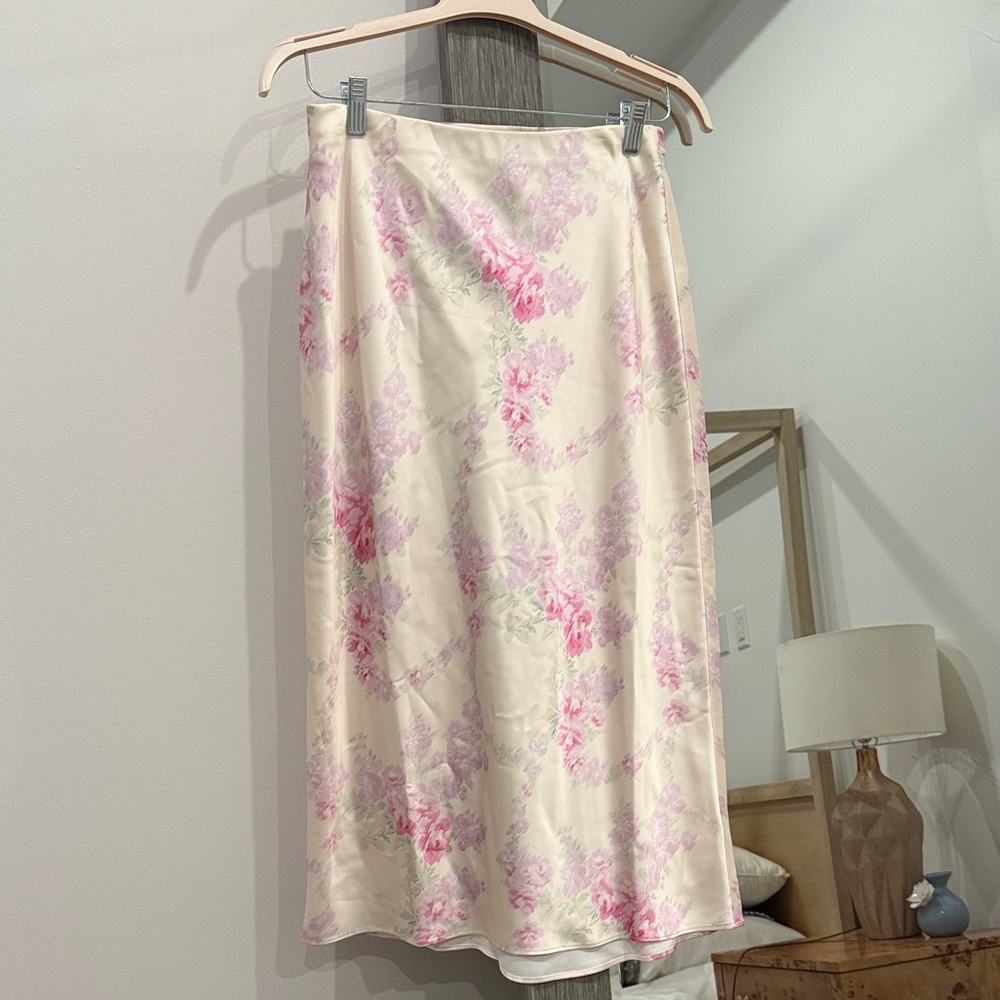 LoveShackFancy Cream and Pink Floral Midi Skirt Size M
